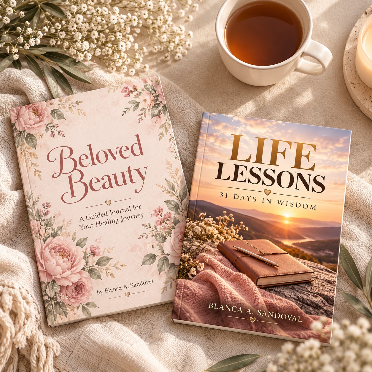Beloved Beauty: A Guided Journal for Your Healing Journey and Life Lessons: 31 Days in Wisdom by Blanca A. Sandoval, photographed on a cream blanket beside a cup of tea, a lit candle, and sprigs of baby's breath.