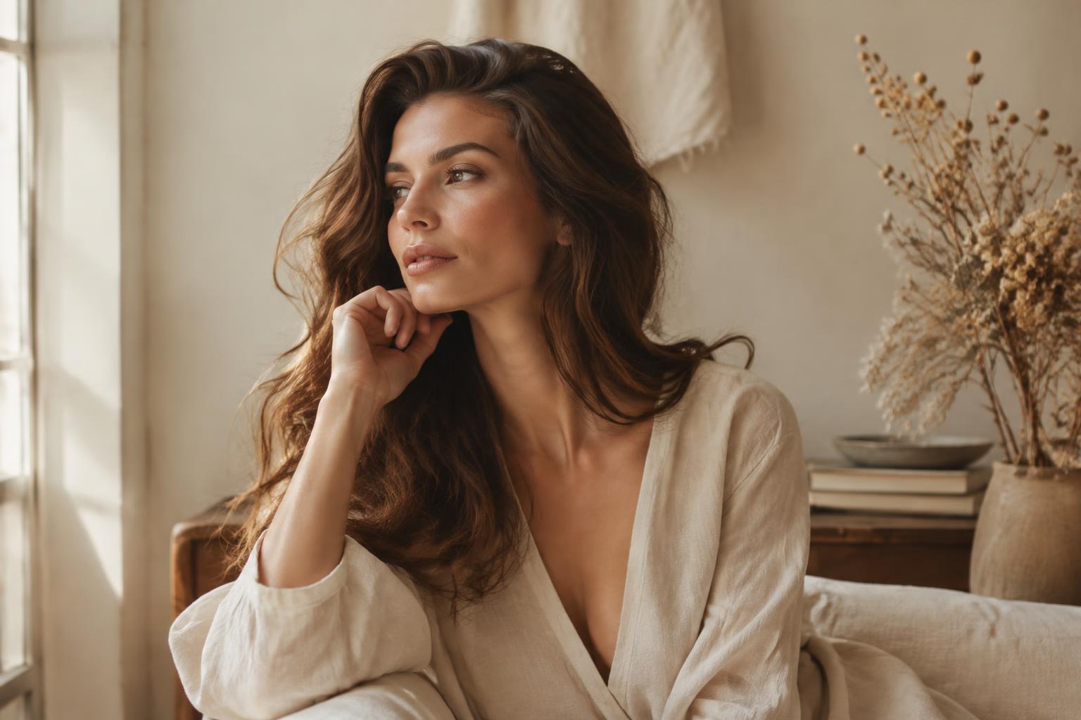 Woman with softly styled hair in warm natural light